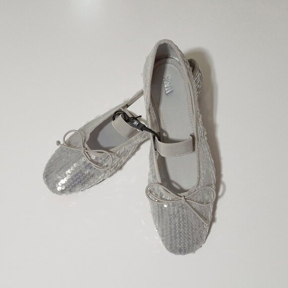 NWT Zara silver sequin ballerina flats with elastic strap and bow detail, 6.5 - Picture 8 of 13